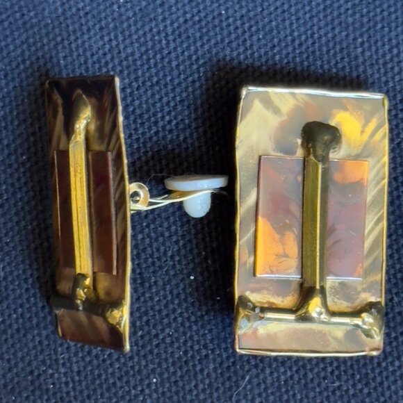 African Express Rectangular Gold-Tone & Marbled Clip-On Earrings Made In South A - Picture 5 of 10